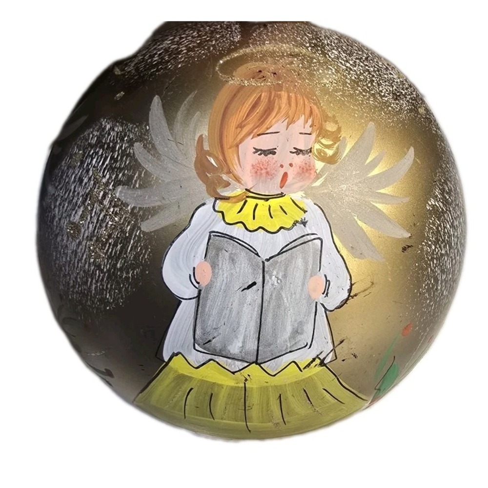 VTG Signed Hand-Painted Glass Christmas Ornament Singing Yellow Blue Angels SZ L